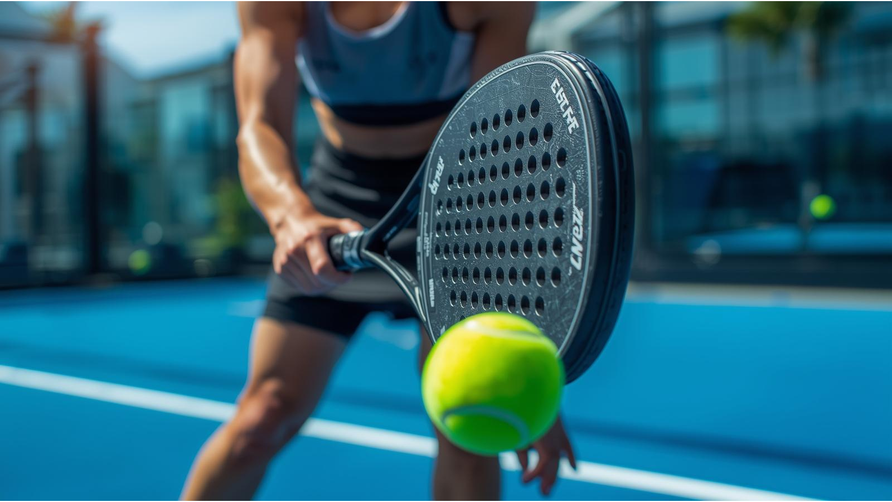 Padelspeler raakt bal met racket tijdens gecontroleerde slag op padelbaan