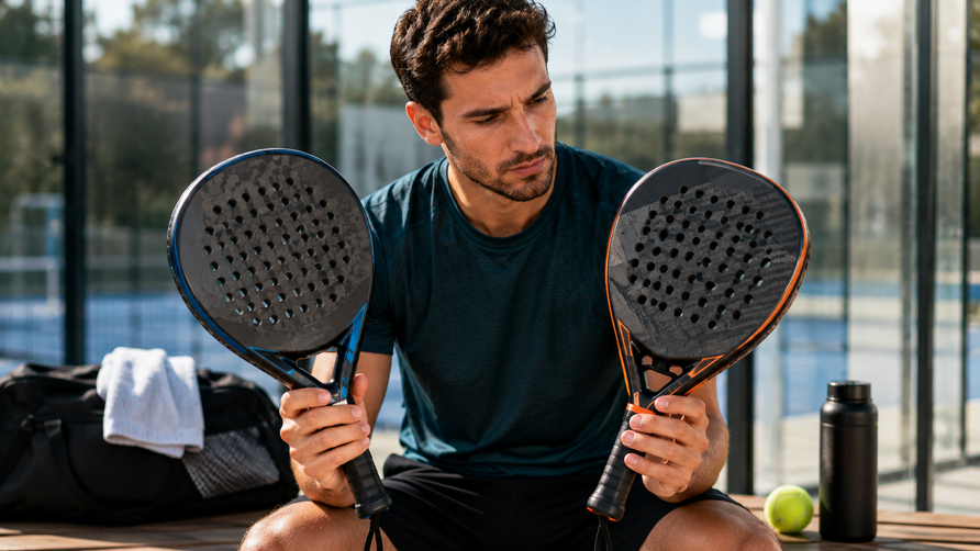 Padelspeler vergelijkt twee padelrackets om een miskoop te voorkomen en het juiste racket te kiezen