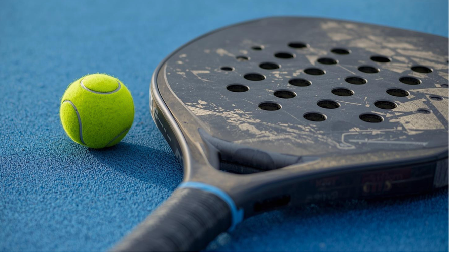 Versleten padelracket met padelbal op baan als teken dat vervanging nodig is