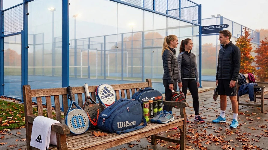 Padeltassen en padelrackets op een houten bank bij een padelclub, met drie spelers in gesprek naast de baan.