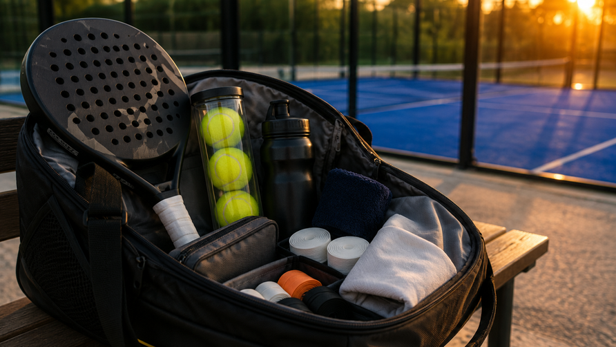 Open padeltas naast een blauwe padelbaan met racket, padelballen, overgrips, waterfles en zomeraccessoires.