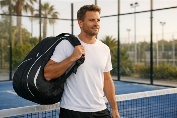 Padelspeler met padeltas op een glazen padelbaan ter voorbereiding op het spel