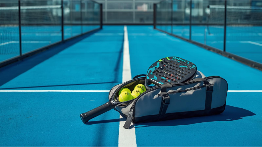 Padeltas met padelballen en racket op een blauwe padelbaan