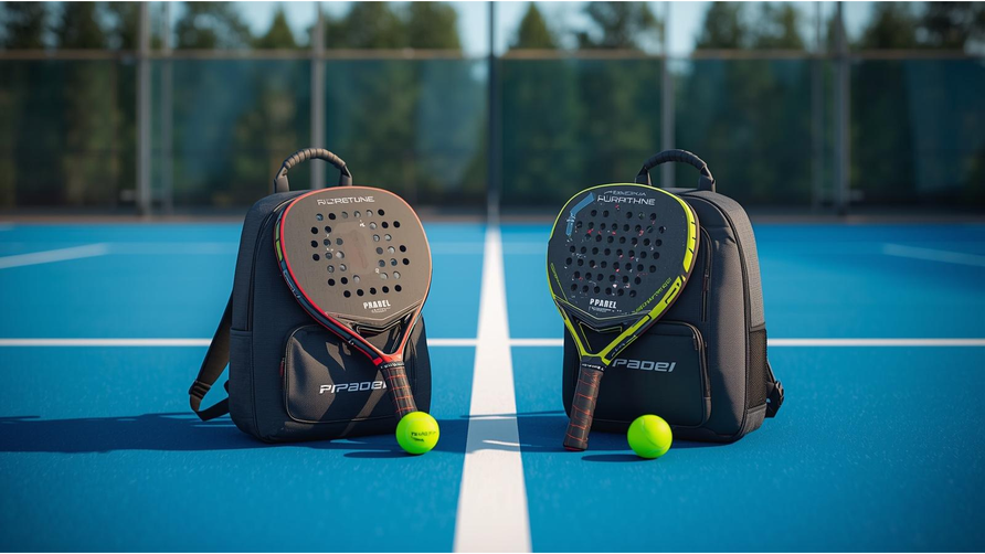Padeltas en padelrugzak naast elkaar op een padelbaan met ballen en racket