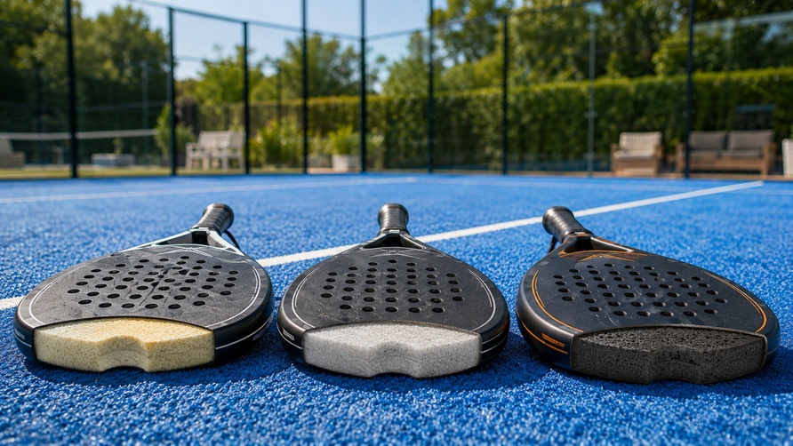 Drie padelrackets op een blauwe padelbaan met visuele focus op Soft EVA, Medium EVA en Hard EVA racketkernen.