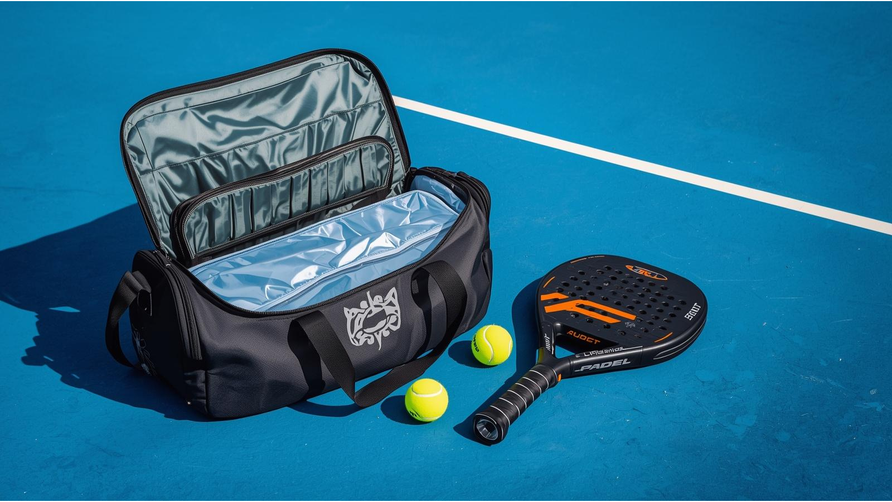 Padeltas met thermovak en padelracket beschermd tegen temperatuurverschillen op padelbaan