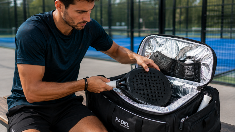 Padelspeler plaatst een padelracket in het geïsoleerde thermovak van een padeltas