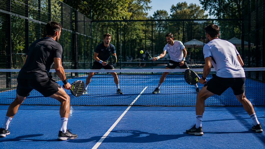 Vier topsporters spelen een intensieve padelwedstrijd op een moderne outdoor padelbaan