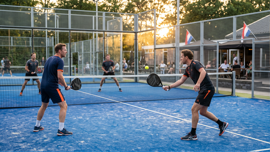 Amateurvoetballers tijdens een padelwedstrijd op een Nederlandse outdoor padelbaan buiten het voetbalseizoen