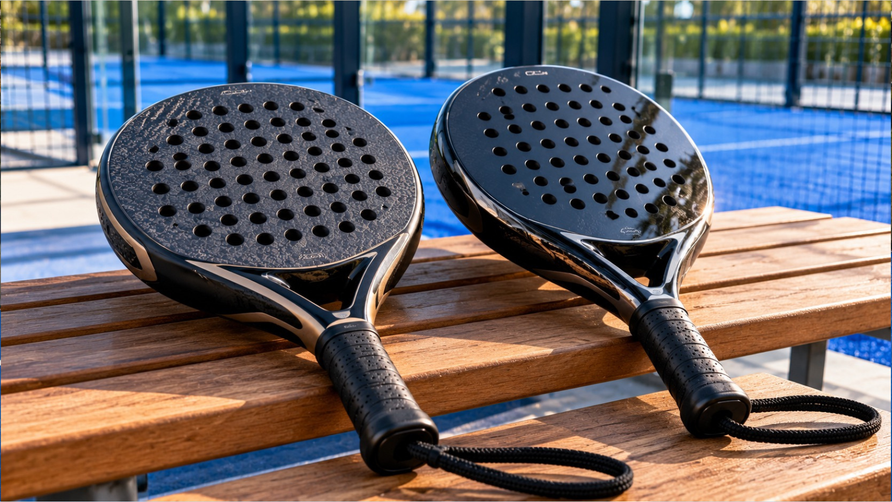 Twee padelrackets met matte en glanzende slagvlakken en polsbandjes naast elkaar op een houten bank.