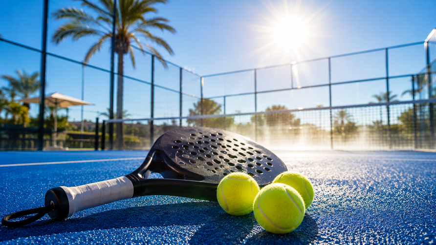 Padelracket en padelballen op een zonnige padelbaan tijdens een warme zomerdag