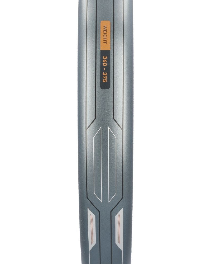 Detail van het Adidas Neuvortx Cooper antraciet oranje padelracket met gewichtsaanduiding 360 tot 375 gram