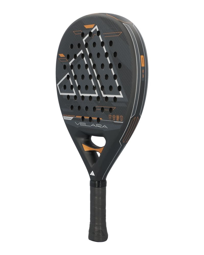 Adidas Velara Glass Fiber Black padelracket vanuit linkerhoek