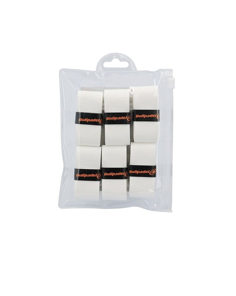 Achterzijde van Bullpadel Witte Overgrips 6-Pack verpakking met productspecificaties
