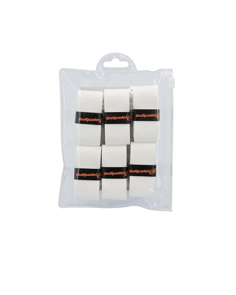 Achterzijde van Bullpadel Witte Overgrips 6-Pack verpakking met productspecificaties