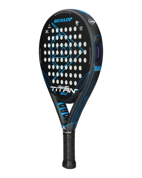 Dunlop Titan Killer 2.0 2024 padelracket schuin vooraanzicht met hoog balanspunt en hybride vorm