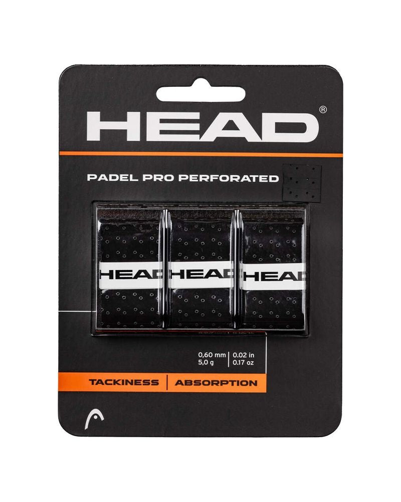 Head Padel Pro Perforated zwarte overgrips 3-pack met geperforeerd ontwerp voor extra grip, ventilatie en vochtabsorptie