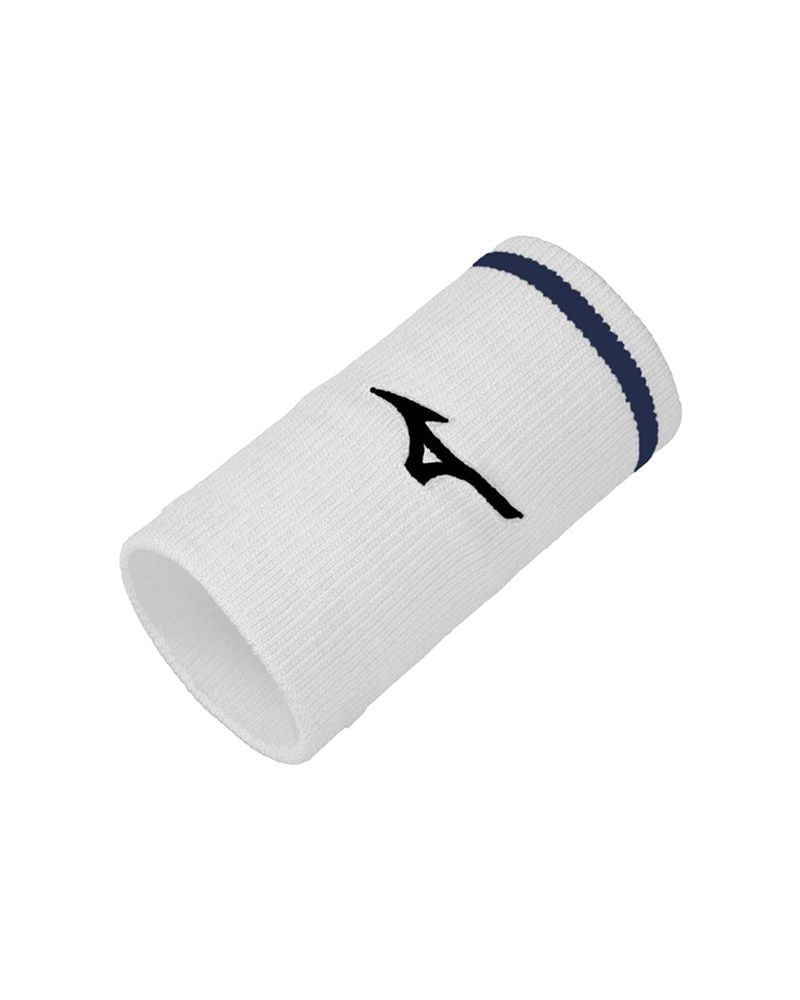 Mizuno lange polsband wit met donkerblauwe accenten voor padel en tennis
