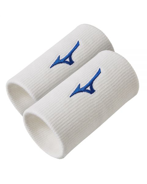 Mizuno Wristband Long wit 2-pack met blauwe logo's voor padel en tennis
