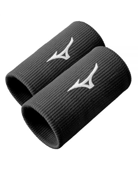 Mizuno Wristband Long zwart 2-pack met witte logo's voor padel en tennis