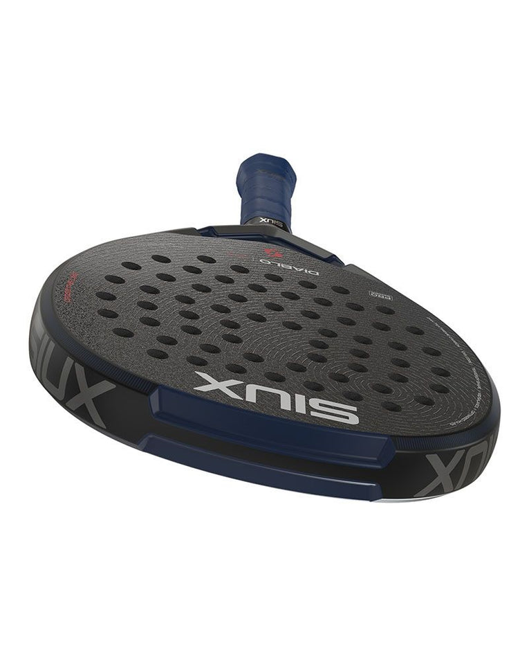 Detail van rand, racketprofiel en slagvlak van de Siux Diablo Pro 2026 Night Blue