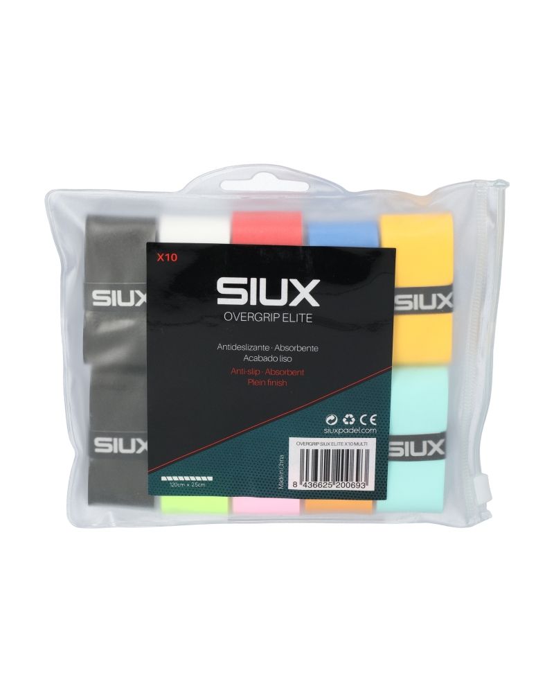 Detail van Siux Elite Multicolor Overgrips 10-Pack verpakking met multicolor overgrips