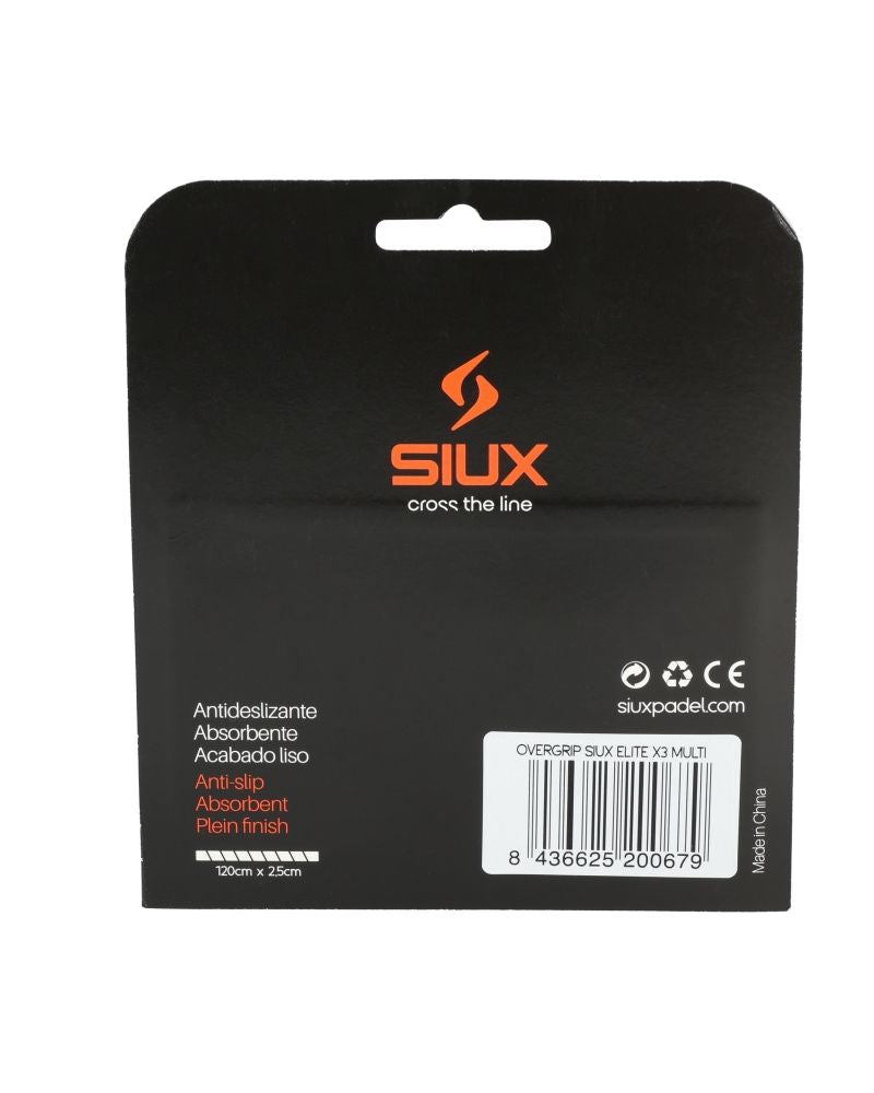 Achterzijde van Siux Elite Multicolor Overgrips 3-Pack verpakking met productspecificaties
