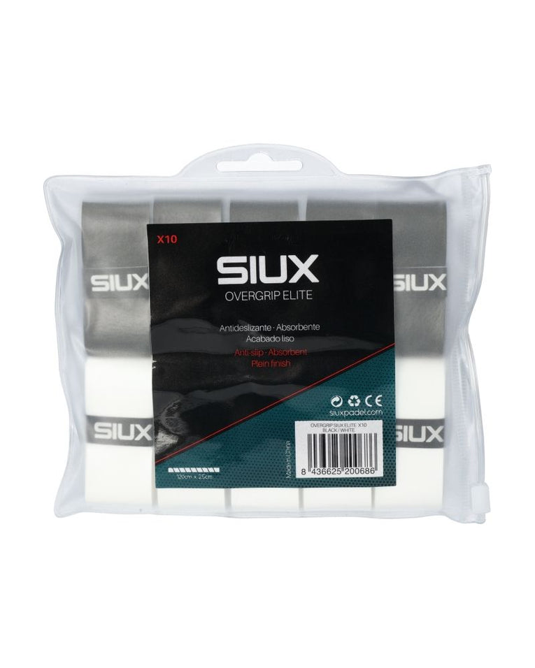 Siux Elite Wit Zwart Overgrips 10-Pack met antislip grip en hoge vochtabsorptie voor padelrackets en tennisrackets
