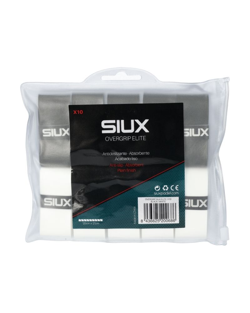 Siux Elite Wit Zwart Overgrips 10-Pack met antislip grip en hoge vochtabsorptie voor padelrackets en tennisrackets