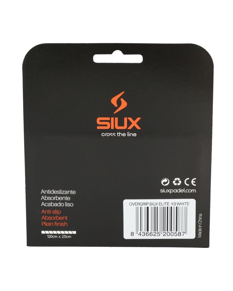 Achterzijde van Siux Elite Witte Overgrips 3-Pack verpakking met productspecificaties