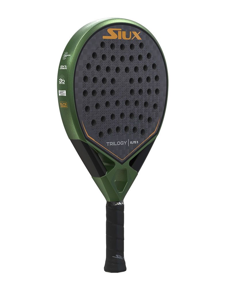 Achterzijde van het Siux Trilogy Elite 5 padelracket met 12K carbon constructie en ronde racketvorm