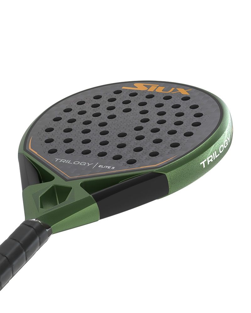 Siux Trilogy Elite 5 padelracket schuin vooraanzicht met ronde vorm en controlegerichte eigenschappen